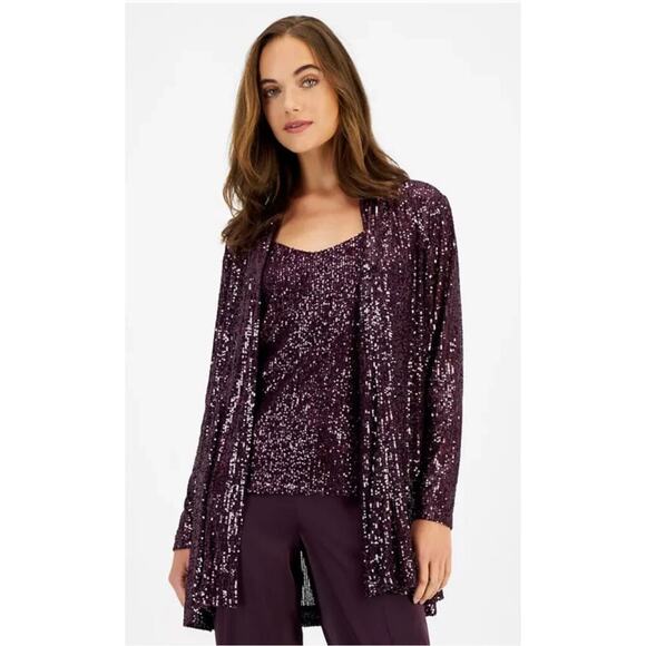 Anne Klein Deep Plum Sequin Embellished Open Front Jacket Jacket L NWT - Picture 1 of 8